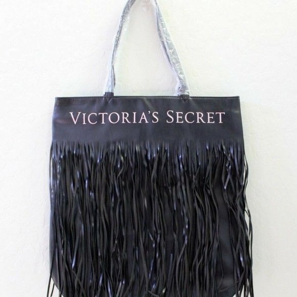 Victoria's Secret Flirty Fringe Faux Leather Logo Black Tote - Picture 3 of 4
